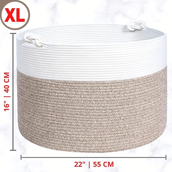 MINTWOOD Design Extra Large 22 x 16in Decorative Woven Cotton Rope Blanket Storage Basket Bin Living Room with Handles and Laundry Hamper for Pillows, Pool Towels, Dog Toys, Shoes, Light Brown