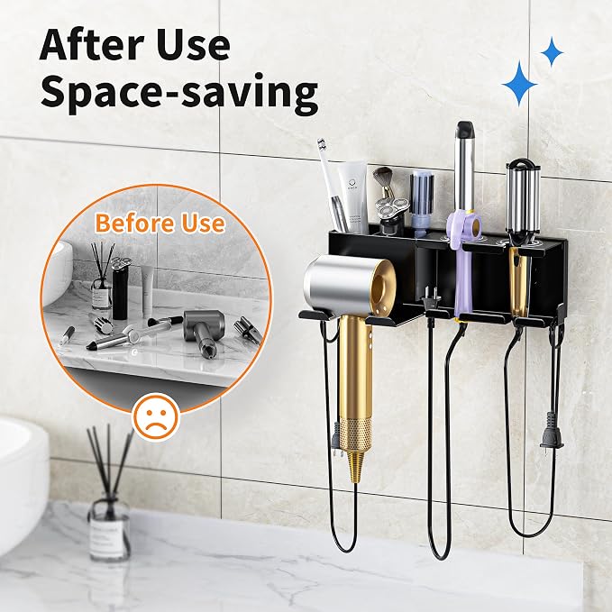 Hair Dryer Holder, Hair Tool Organizer Wall Mount, Adhesive or Drill, Black | Blow Dryer Holder for Dryer Hook, Straightener Curling Irons Hairdryer Hair Appliance Hanger for Salon Bathroom Wall Storage