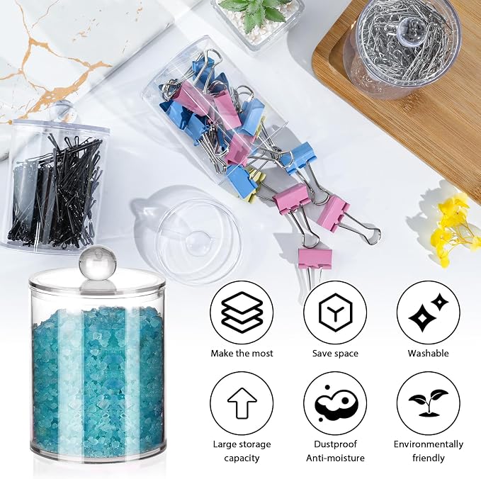 6 Pcs Acrylic Qtip Holder, Cotton Ball Holder Jars with Lids, Clear | Apothecary Jars for Cotton Swabs, Balls, Pads and Floss Picks, Bathroom Vanity Organizer