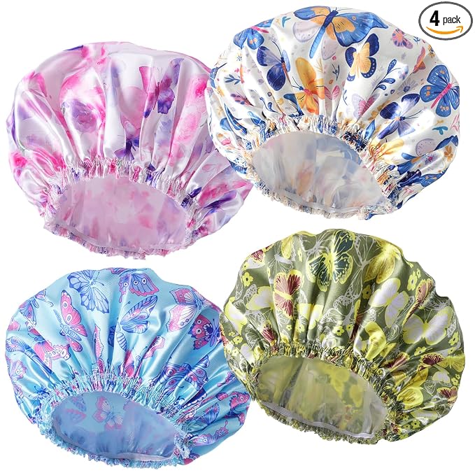 Shower Caps for Women, 4 PCS Reusable Waterproof Bath Cap | Double Layer, Washable, Wide Elastic Band, Holds Long Hair, Caps for Bath Accessories, Spa, Travel Home - Butterfly C