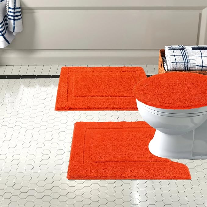 SHACOS Microfiber Bathroom Rugs Sets 3 Piece, Extra Soft Absorbent | Non Slip Bath Rugs Machine Washable Dry Shaggy Bath Mats with Toilet Lid Cover for Bathroom Floor, Tub and Shower (Orange)