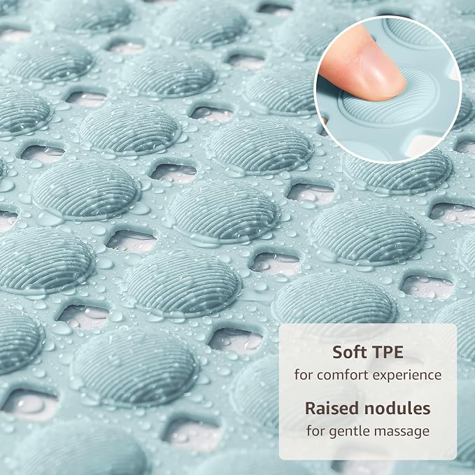 OTHWAY Bath Tub Shower Mat Non Slip, Bathtub Floor Liner Mats for Inside Shower Bathroom, Suction Cups and Drain Holes for Feet Scrubbing, Machine Washable, Soft on Feet, 35x16 Inch, Light Blue