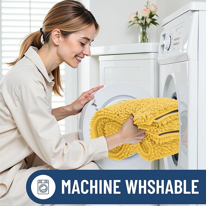 Smiry Chenille Bathroom Rugs Sets 2 Piece (30x20+24x16, Yellow | Soft Absorbent Machine Washable Non Slip Shaggy Bath Rug Set for Tub, Shower, and Floor, Home Decor