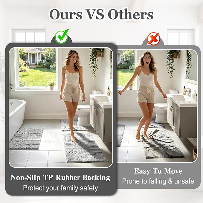 Homcomoda Bathroom Rugs Sets 3 Piece, Soft Absorbent Microfiber Bath Mats and U-Shaped Contour Toilet Rug, Non Slip Bath Rugs Machine Washable Shaggy Bath Room Floor Mats, Grey