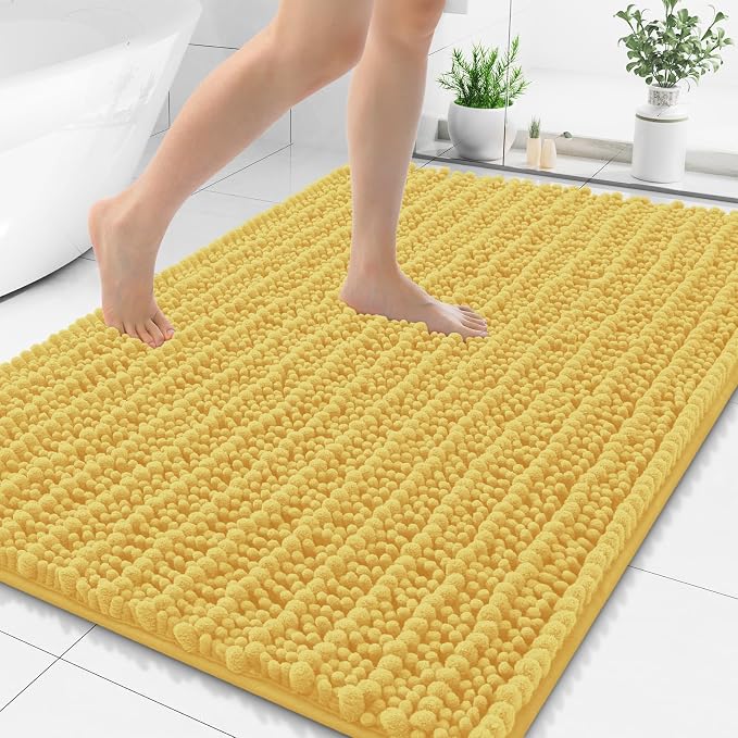 Smiry Bathroom Rugs 48X32, Extra Soft Rubber Backing Chenille Bath Mats | Yellow Machine Washable Non Slip Quick Dry Bath Mats for Bathroom Floor, Tub, Shower, Home Decor Accessories