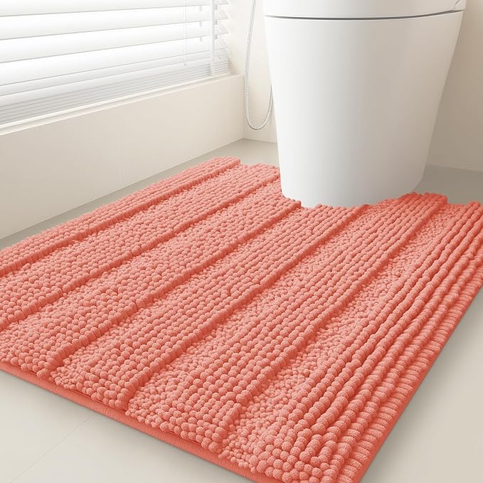 ACCUMTEK Striped Coral Toilet Bathroom Rug Mat 24" x 20" Contour Rug Ultra Soft, Non Slip Chenille Bath Rugs, Absorbent Plush Shaggy Bath Mats for Bathroom, Bedroom, Kitchen, Shower, Tub