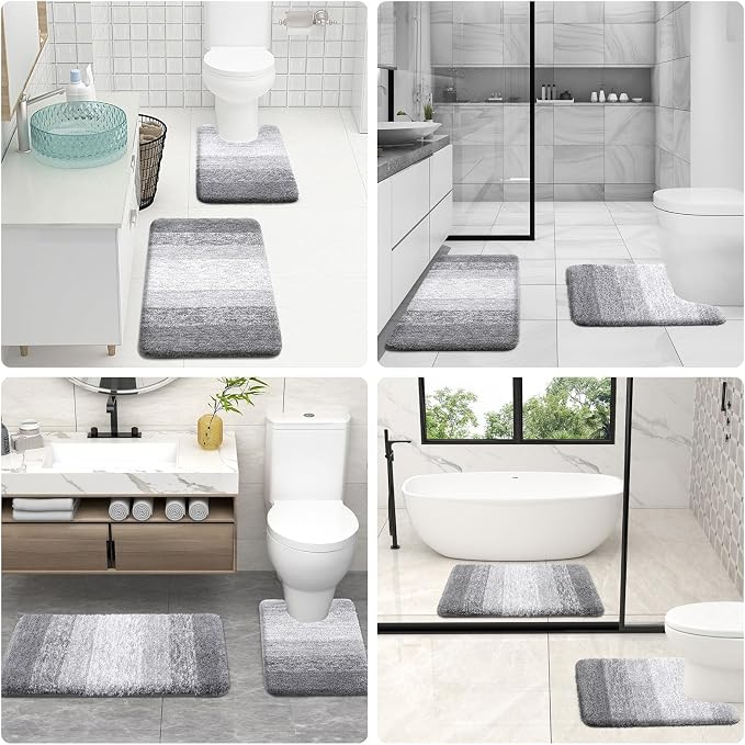 OLANLY Microfiber Bathroom Rugs Sets 3 Piece, 47"x20"+24"x16"+24"x20" | Light Grey, Soft Absorbent Bath Mats and U-Shaped Contour Toilet Rug, Plush Shaggy Bath Mat Set for Bathroom