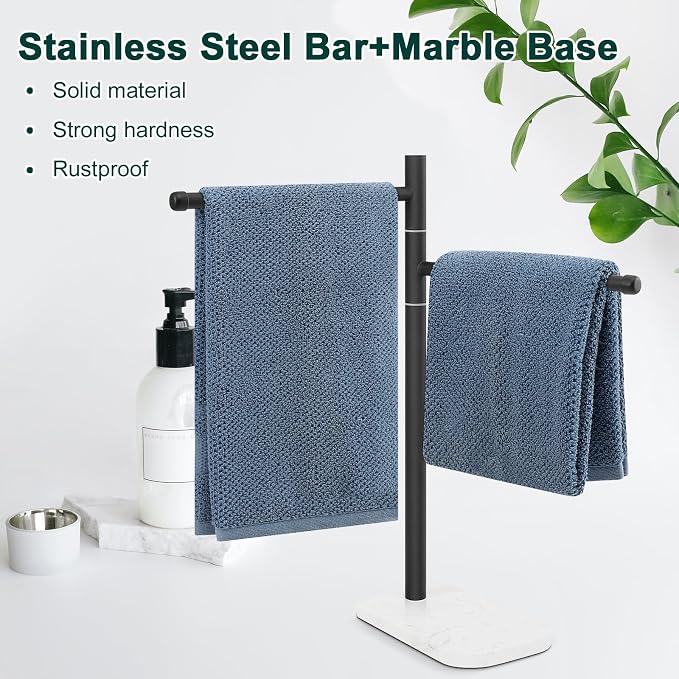 Hand Towel Holder, F-Shape Hand Towel Stand with Marble Base, Stainless Steel Swivel Hand Towel Rack Bar Standing for Bathroom Kitchen Countertop, 2 Arms (Matte Black)
