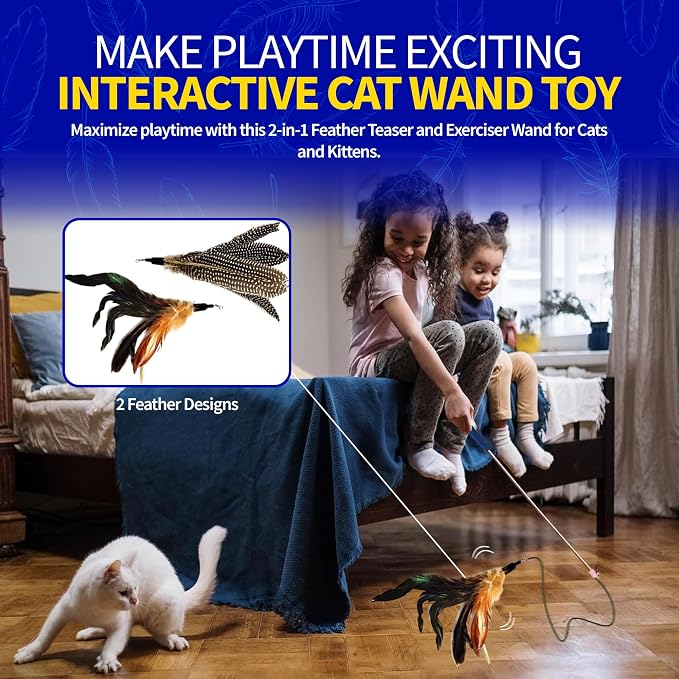 Pet Fit For Life Cat Feather Wand Toys – Interactive Cat Wand Toy for Indoor Pets | 2 Feather Attachments | Promotes Animal Health & Fitness, Made w/ Soft & Durable Materials | Gift (Brown)