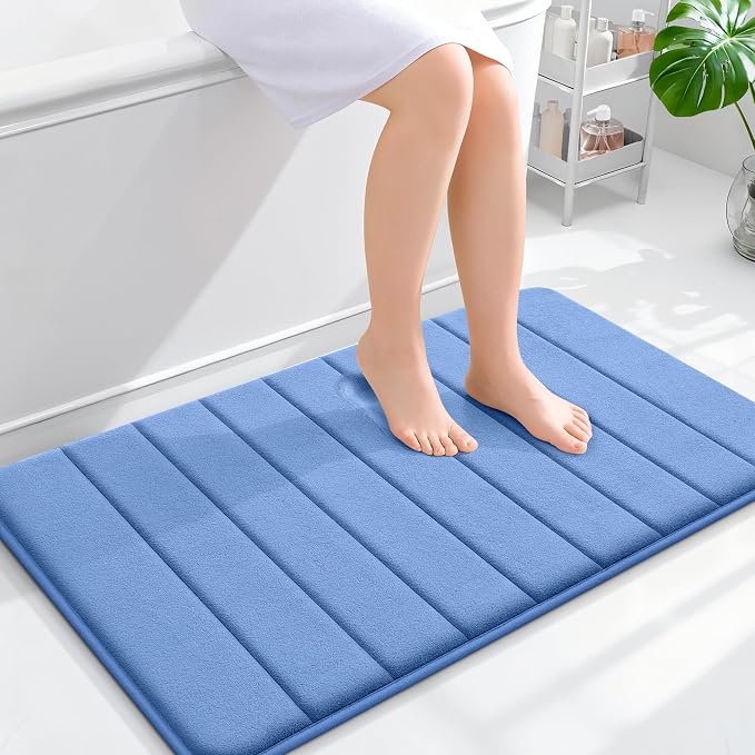 OLANLY Memory Foam Bath Mat 35x24, Super Soft and Absorbent Bathroom Rugs | Cornflower Blue, Quick Dry Bath Rug, Machine Washable Shower Floor Mats, Bathmat Carpet for Bathroom Floor, Tub and Shower