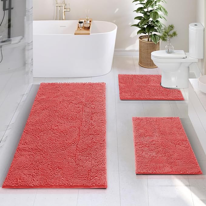 Hearth & Harbor Bathroom Rugs, Chenille Bath Mat - Machine Washable Bath Mats for Bathroom Non-Slip Backing Rubber, Quick Dry Mat - Rose Bath Rug, 17x24-26x44-20x24
