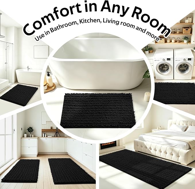 ACCUMTEK Upgrade Luxury 2 Piece Black Toilet Bathroom Rug Mat 60"x20"+32"x20", Ultra Soft Thick Absorbent Bath Mats, Non Slip Chenille Toilet Mat for Bathroom, Bedroom, Kitchen, Shower, Tub