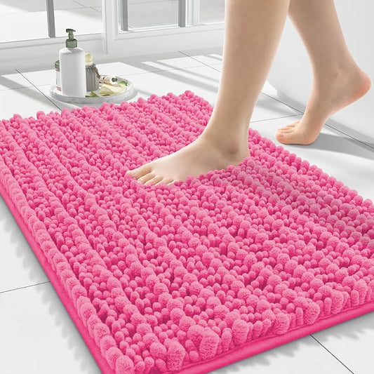 Smiry Bathroom Rugs 24X16, Extra Soft Rubber Backing Chenille Bath Mats | Hot Pink Machine Washable Non Slip Quick Dry Bath Mats for Bathroom Floor, Tub, Shower, Home Decor Accessories