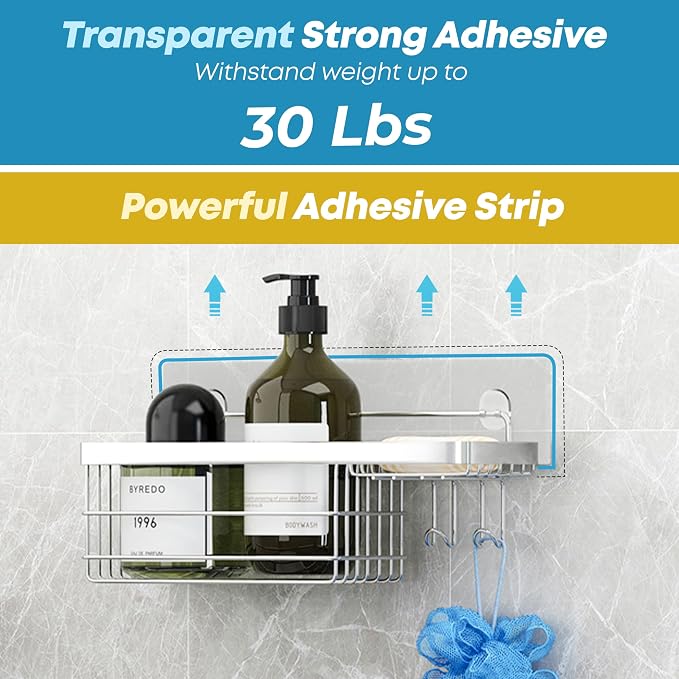 KESOL Shower Caddy and Soap Dish with Hooks Shower Shelf Organizer, No Drilling Adhesive Wall Mounted Bathroom Shelf, Rust Resistant Stainless Steel (2 Pack), Silver
