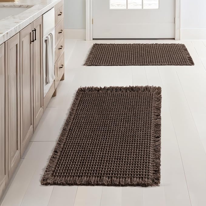 MIULEE Set of 2 Waffle Bathroom Rugs Boho Bath Mat Chocolate 17x24 Inch | Non Slip, Super Absorbent, Washable, Ultra Soft, Rubber Backed, Small Bath Rugs for Bathroom Floor Tub Shower