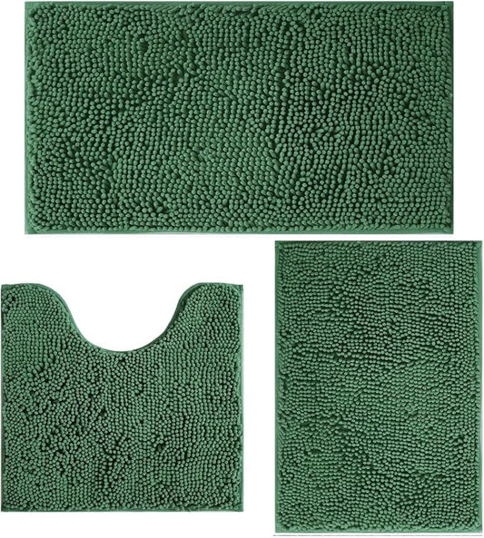 Bathroom Rugs Sets 3 Piece Non Slip,Bath Rugs with PVC Backing Bath Carpet,Bathroom Rug Washable,Absorbent,Plush Carpet Mats,Bath Mats for Bedroom, Kitchen,Tub,Home Decor Dark Green