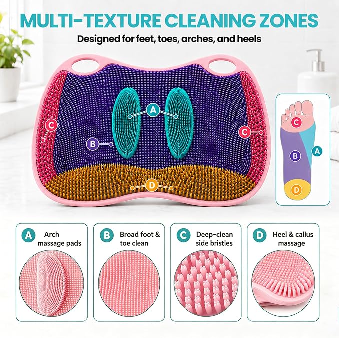 XL Silicone Shower Foot Scrubber Mat with Suction Cups, Foot Washer for Shower, Foot and Back Scrubber for Smooth Shower Wall or Floor, Pink, 17.3 x 12.9 in