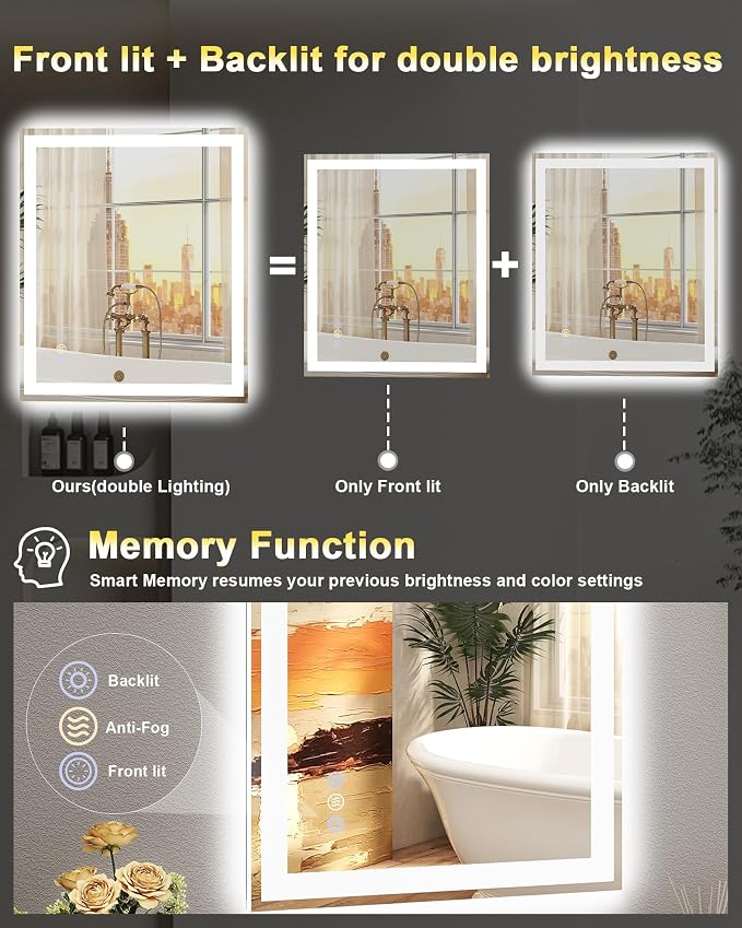 24x32 LED Bathroom Mirror, 6000LM, Separate Front and Back Lights | Shatter-Resistant Tempered Glass,Auto-Off Defogger,3 Color Modes,Smooth Dimming,Smart Memory Setting
