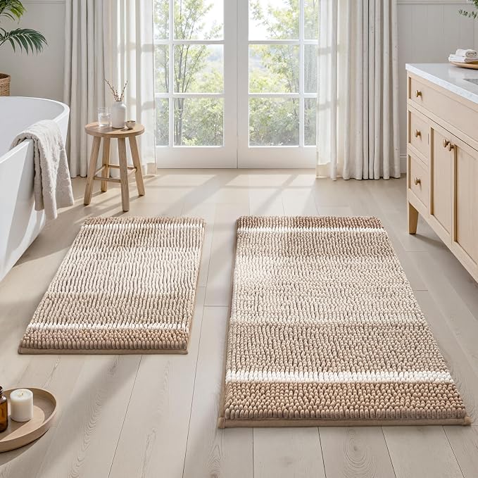 HOMEIDEAS Beige Bathroom Rugs Set of 2, Striped Chenille, 20"x32"+17"x24" | Non Slip Absorbent Bath Mats, Fluffy Striped Chenille Soft Shaggy Bath Rugs for Bathroom Floor and Tub, Machine Washable