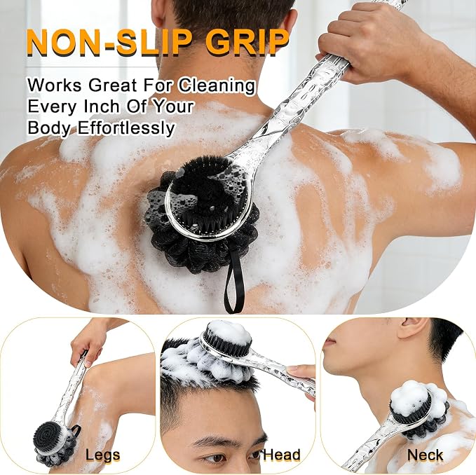 Long Handle Back Scrubber,Dual-Sided for Exfoliation & Deep Cleansing(Black | For Back & Legs & Feet, Non-slip textured handle, Rich Lather,Easy Hanging, For All Skin Types