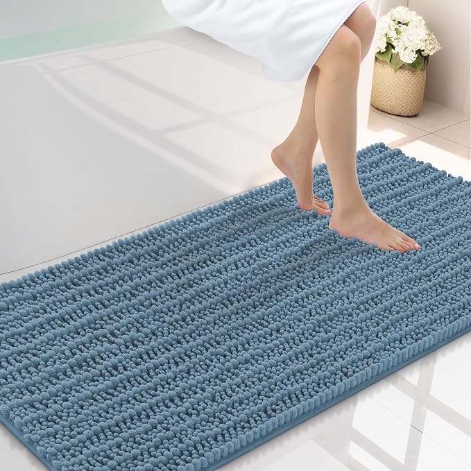 Smiry Bathroom Rugs 47X24, Extra Soft Rubber Backing Chenille Bath Mats | Grayish Blue Machine Washable Non Slip Quick Dry Bath Mats for Bathroom Floor, Tub, Shower, Home Decor Accessories