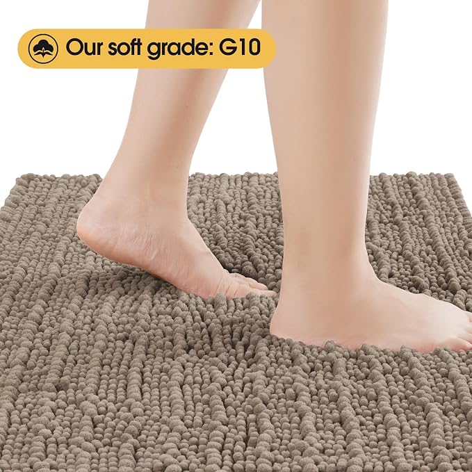 ACCUMTEK Upgrade Luxury Dark Beige Bathroom Rug Mat 32"x20", Ultra Soft Thick Absorbent Bath Mats, Non Slip Chenille Toilet Mat for Bathroom, Bedroom, Kitchen, Shower, Tub, Taupe