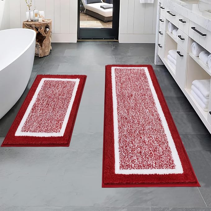 Pauwer Bathroom Rugs Sets 2 Piece, Non Slip Washable Bath Mat, Red | Soft Plush Microfiber, Super Absorbent Floor Carpet, Quick Dry, Shaggy Shower Rug Runner