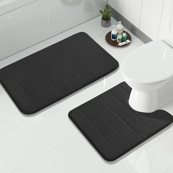 Yimobra Memory Foam Bath Mat Set 2 Piece - Super Soft Absorbent Quick Dry Bathroom Toilet Rugs, Machine Washable Non Slip Floor Carpet for Tub Shower & Single Sink (31.5x20 & 24x20, Black)