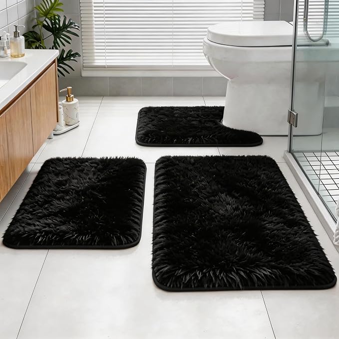 Bathroom Rugs Set Plush Velvet Bath Rugs Non-Slip Shaggy Bath Mat Set 3 Piece,Washable Mats,Absorbent Shaggy Rugs Super Soft U-Shaped Toilet Rug,Bahroom Carpets for Bathroom,Tub,Shower Black