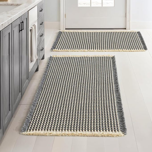MIULEE Set of 2 Waffle Bathroom Rugs Dark Grey&Yellow Bath Mat 24x36 Inch | Non Slip, Super Absorbent, Washable, Ultra Soft, Rubber Backed, Large Bath Rugs for Bathroom Floor Tub Shower