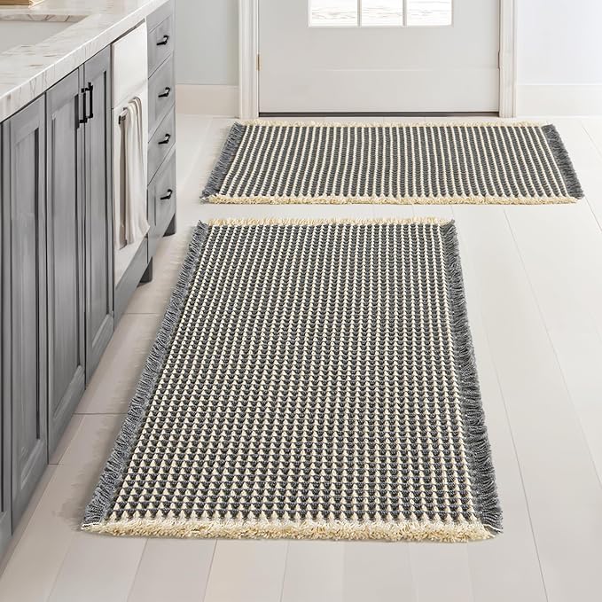 MIULEE Set of 2 Waffle Bathroom Rugs Dark Grey&Yellow Bath Mat 18x30 Inch | Non Slip, Super Absorbent, Washable, Ultra Soft, Rubber Backed Bath Rugs for Bathroom Floor Tub Shower, Boho Decor