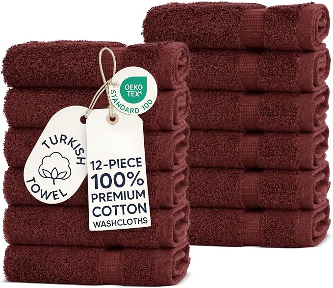 Chakir Turkish Linens 100% Cotton 12-Pack Washcloths 13x13, Cranberry | 100% cotton washcloths, 12-pack 13x13, OEKO-TEX certified, soft absorbent face towels