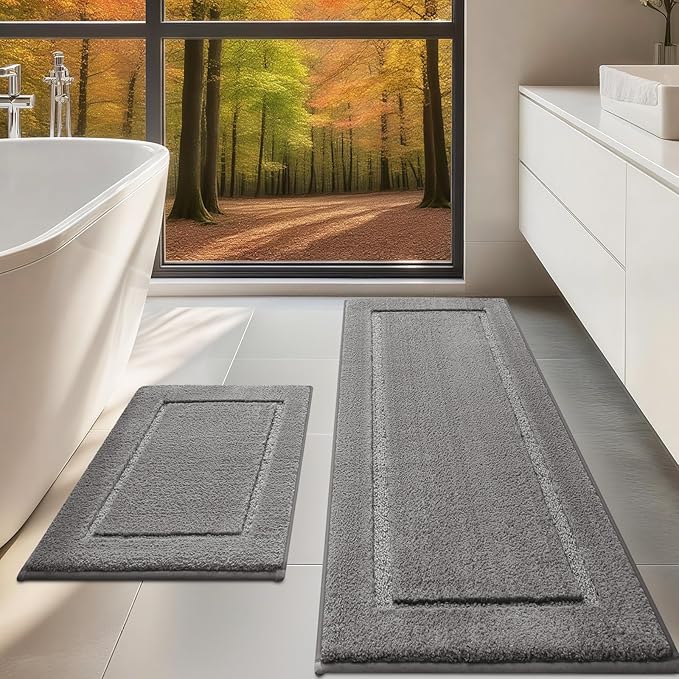 Bathroom Rugs Sets 2 Pieces, Ultra Soft Thick Plush Fluffy Microfiber Absorbent Bath Mat, Non-Slip Backing, Machine Washable Rug for Bathroom, Tub and Shower (24"x17" + 48"x20", Charcoal Gray)