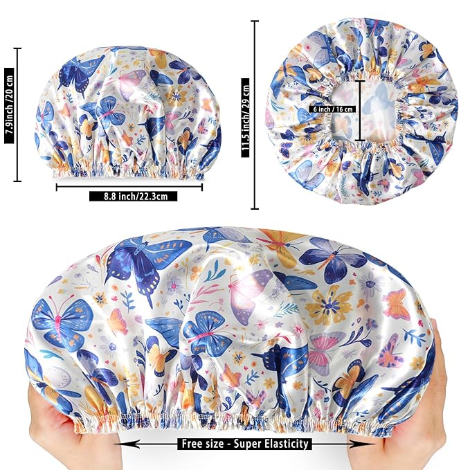 Shower Caps for Women, 4 PCS Reusable Waterproof Bath Cap | Double Layer, Washable, Wide Elastic Band, Holds Long Hair, Caps for Bath Accessories, Spa, Travel Home - Butterfly C