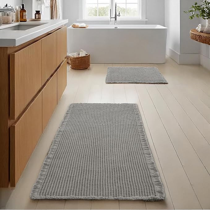 JIUZHEN Set of 2 Waffle Bathroom Rugs Non Slip Bath Mats 16"x24"+24"x48" | Grey, Boho, Super Absorbent, Washable, Ultra Soft, Fast Drying Bath Rug and Bathroom Runner for Kitchen Hallway Laundry