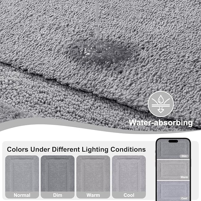 SHACOS Soft Microfiber Small Bathroom Rugs Set 2 Pieces with Toilet Rug | Absorbent Plush Bath Mats U Shaped Shower Bath Rug, Non Slip Washable Fluffy Bathroom Floor Mats, 24x16+24x20, Light Grey