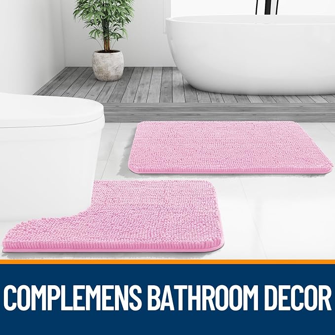 OLANLY Toilet Rugs U-Shaped 24x20, Soft Absorbent Chenille Contour Rugs | Pink, Quick-Drying Rubber Backing, Machine Washable Non-Slip Shaggy Bathroom Mat for Toilet, Home Decor Accessories