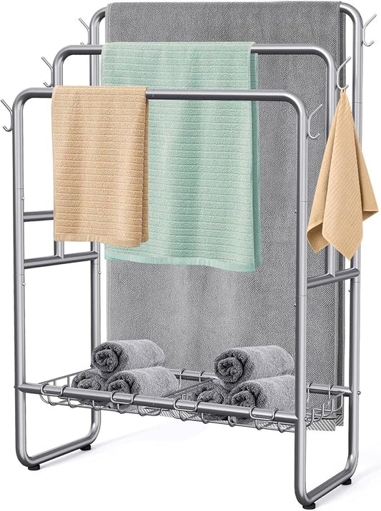 Kayfia 40" H Towel Rack Freestanding, 3-Tier Bath Towel Holder Stand with Storage Baskets & Hooks, Blanket Drying and Display Rack for Oversized Bath Towels, Metal Towel Rack Stand Indoor Outdoor