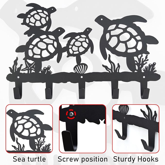 Metal Sea Turtle Coat Hooks Wall Mount-Sea Turtle Hangers and Key Holder-Clothes Hat Rack and Backpack Hanger Decor for Storage, Living Room, Hallway, Office Gift (Black)