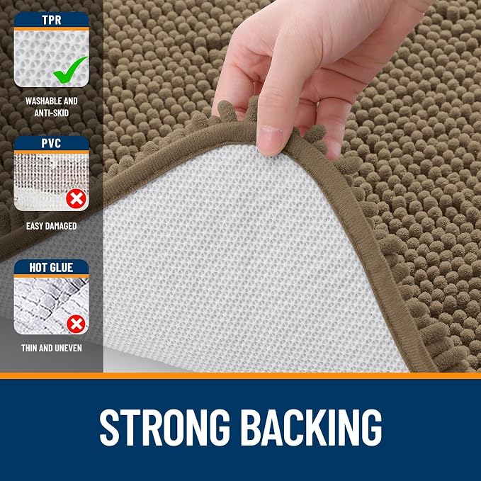 OLANLY Chenille Bathroom Rugs Mats Sets 2 Piece, 47"x20"+30"x20", Tan | Ultra Soft Absorbent Bath Rugs Set, Rubber Backing Non-Slip, Quick Dry, Machine Washable Bath Carpet, Home Decor Accessories