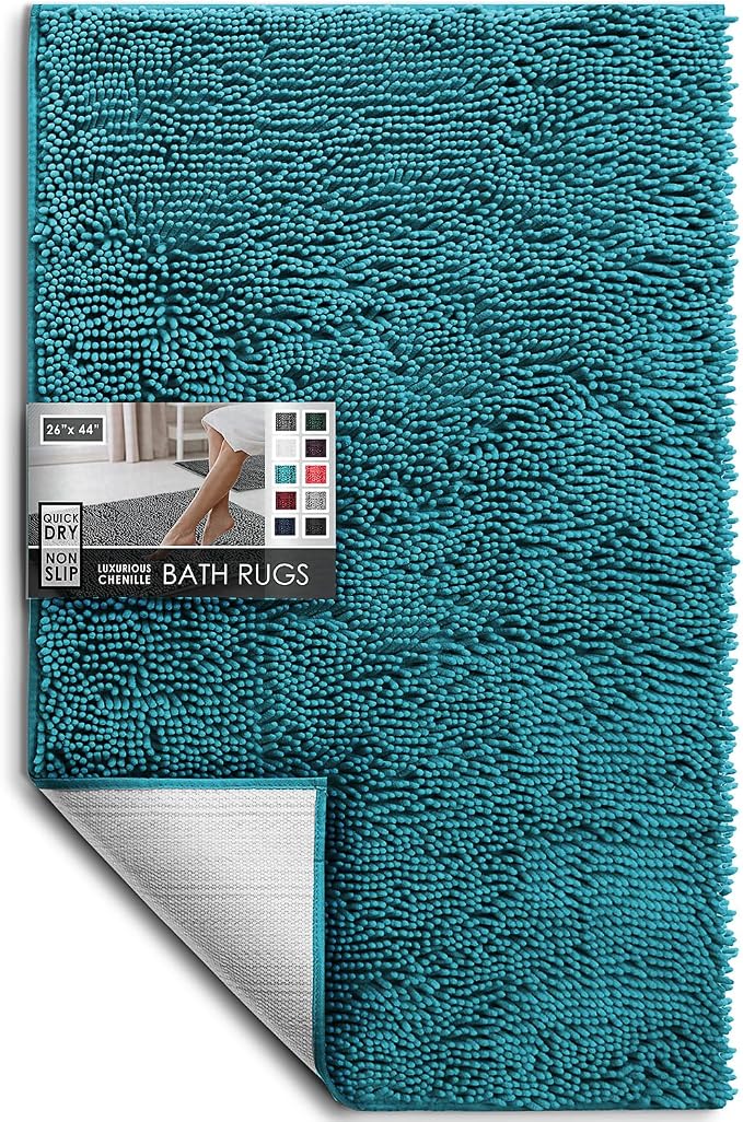 Hearth & Harbor Bathroom Rugs, Chenille Bath Mat - Machine Washable Bath Mats for Bathroom Non-Slip Backing Rubber, Quick Dry Bathroom Mat - Teal Bath Rug, 26x44