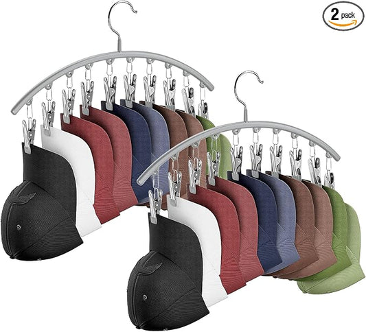 Cuipingoo Hat Hangers for Closet, Metal 2 Pack Hat Organizer Holder for Hanger Closet Display, Hat Racks for Baseball Caps w/10 Clips, Hat Holder for Ball Caps & Accessories, for Men Women, Grey