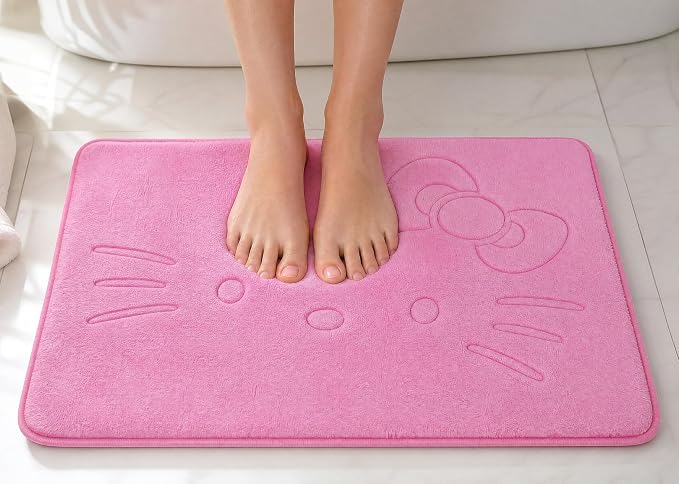 Pink Cartoon Non Slip Memory Foam Bath Mat 15.75 x 23.62 Inch | Cute Design,Super Soft & Water Absorbent Multi-Use Rug, Suitable for Bathroom, Bedroom, Living Room and Entry Door