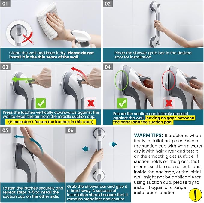 TAILI Shower Grab Bar 16 Inch Suction Cup Grab Bars for Bathroom, Removable Shower Safety Handle Heavy Duty Bathtub Grip for Seniors & Elderly, Strong Handrails No Drilling Waterproof, Grey,G9