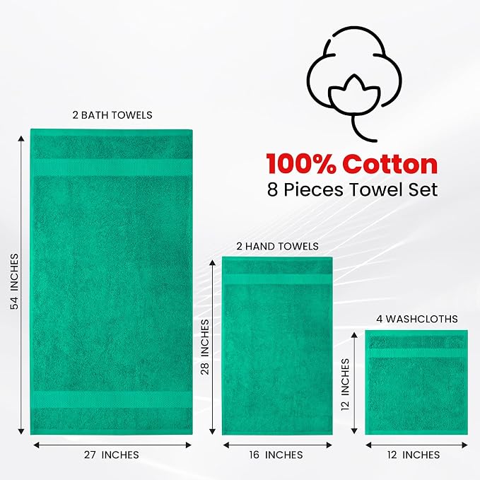 Infinitee Xclusives 100% Cotton Bath Towel Set – 8 Piece Bathroom Towel Set | (2 Bath Towels, 2 Hand Towels, 4 Washcloths) – Soft & Absorbent Towels for Bathroom - Gym, Shower, Spa & Hotel Use