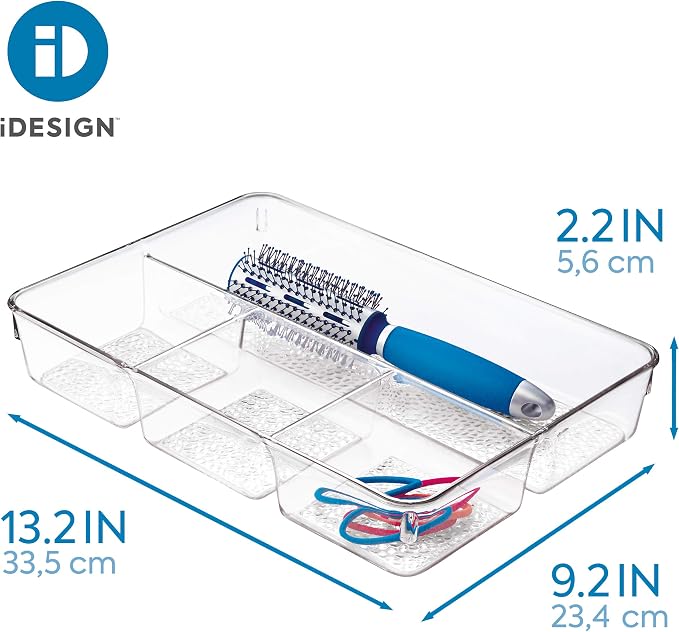 iDesign Rain Divided Cosmetic Drawer Organizer Tray for Vanity Cabinet to Hold Makeup, Beauty Products, Accessories, 13" x 9" x 2.25", Clear