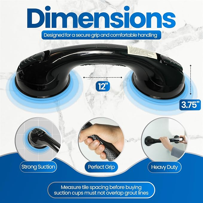 Safe-er-Grip Changing Lifestyles Suction Cup Balance Assist Bar for Bathtubs & Showers; Safety Bathroom Grab Bar Handle, All Black, 12 inches