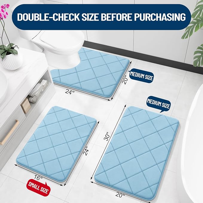 OLANLY Memory Foam Bath Mat 70x24, Ultra Soft and Absorbent Bathroom Rugs | Sky Blue, Quick Dry, Machine Washable Shower Bath Rugs, Comfortable Bath Carpet for Bathroom Floor, Tub and Shower