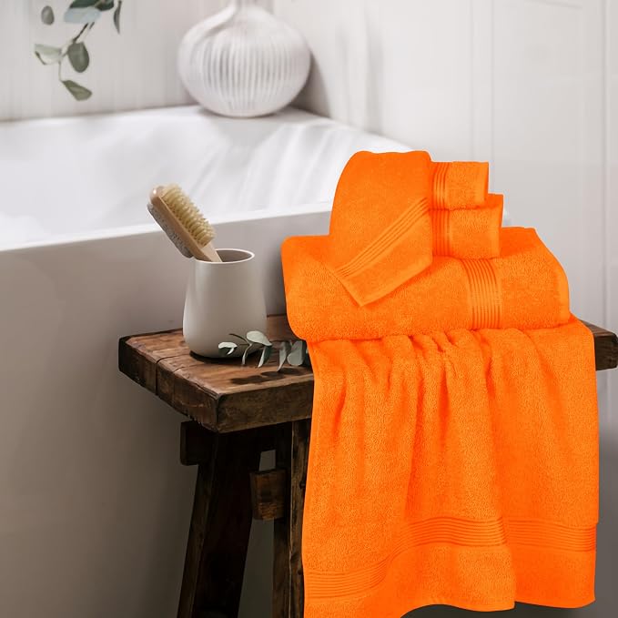 Ultra Soft 6 Pack Cotton Towel Set, Contains 2 Bath Towels 28x55 inch, 2 Hand Towels 16x24 inch & 2 Wash Coths 12x12 inch, Ideal for Everyday use, Compact & Lightweight - Orange