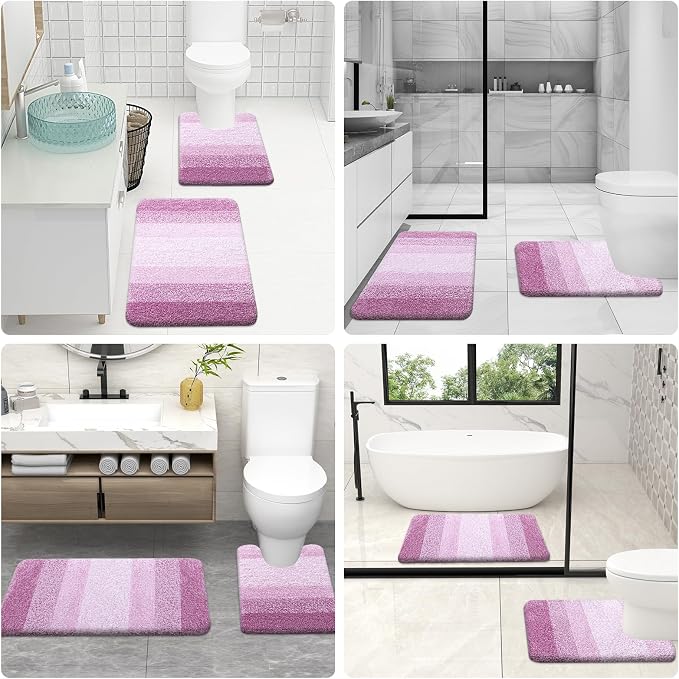 OLANLY Micorfiber Bathroom Rug Set 2 Piece, 24"x16"+U-Shaped 24"x20" | Pinkish-Purple, Soft Absorbent Bath Mats and Contour Toilet Rug, Non-Slip, Machine Wash Dry, Plush Bath Mats for Bathroom